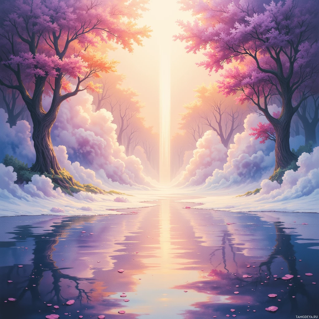 A serene landscape with cherry blossoms, a reflective water surface, and a radiant light beam.