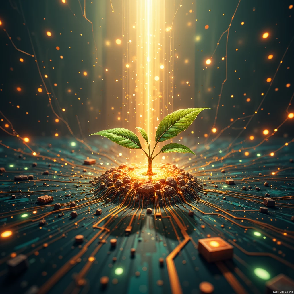 A glowing plant sprouts from a circuit board-like surface amidst golden light and particles.