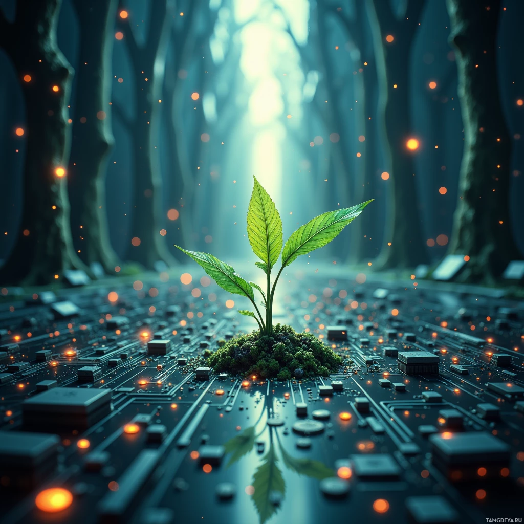 A plant grows amidst a futuristic circuit board in a forest setting.