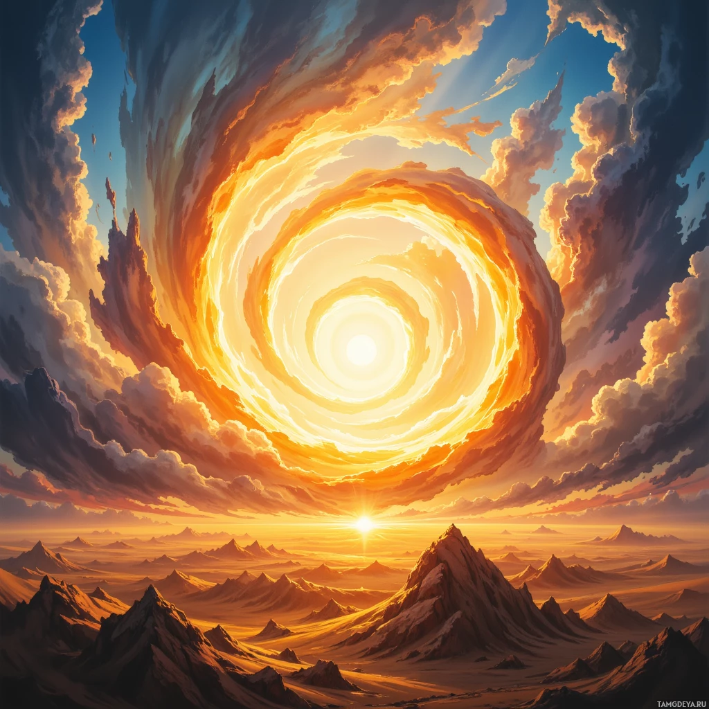 A surreal landscape featuring a swirling vortex of clouds and a glowing sun at its center, set against a backdrop of rugged, mountainous terrain.