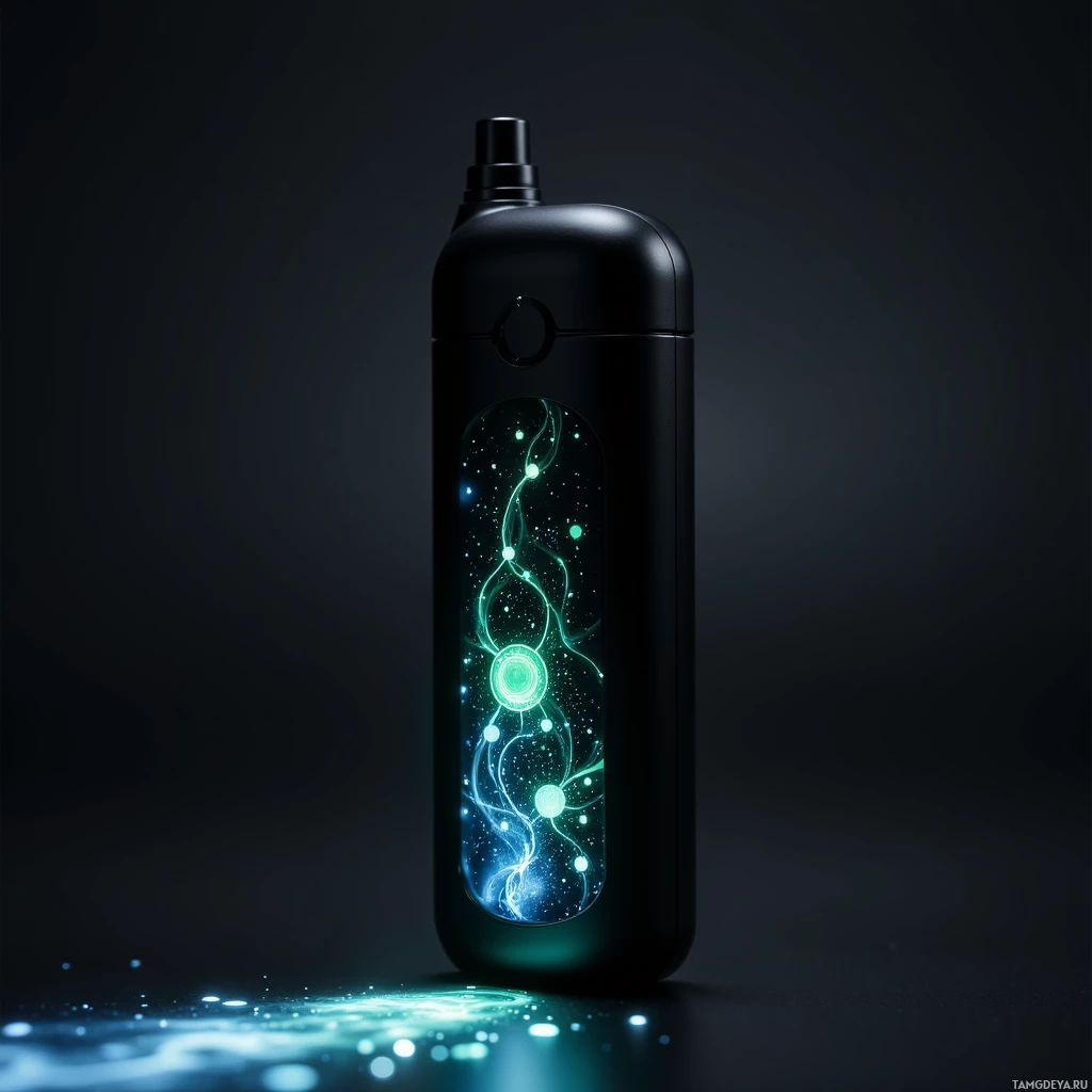 A sleek, black device with glowing green and blue patterns inside.