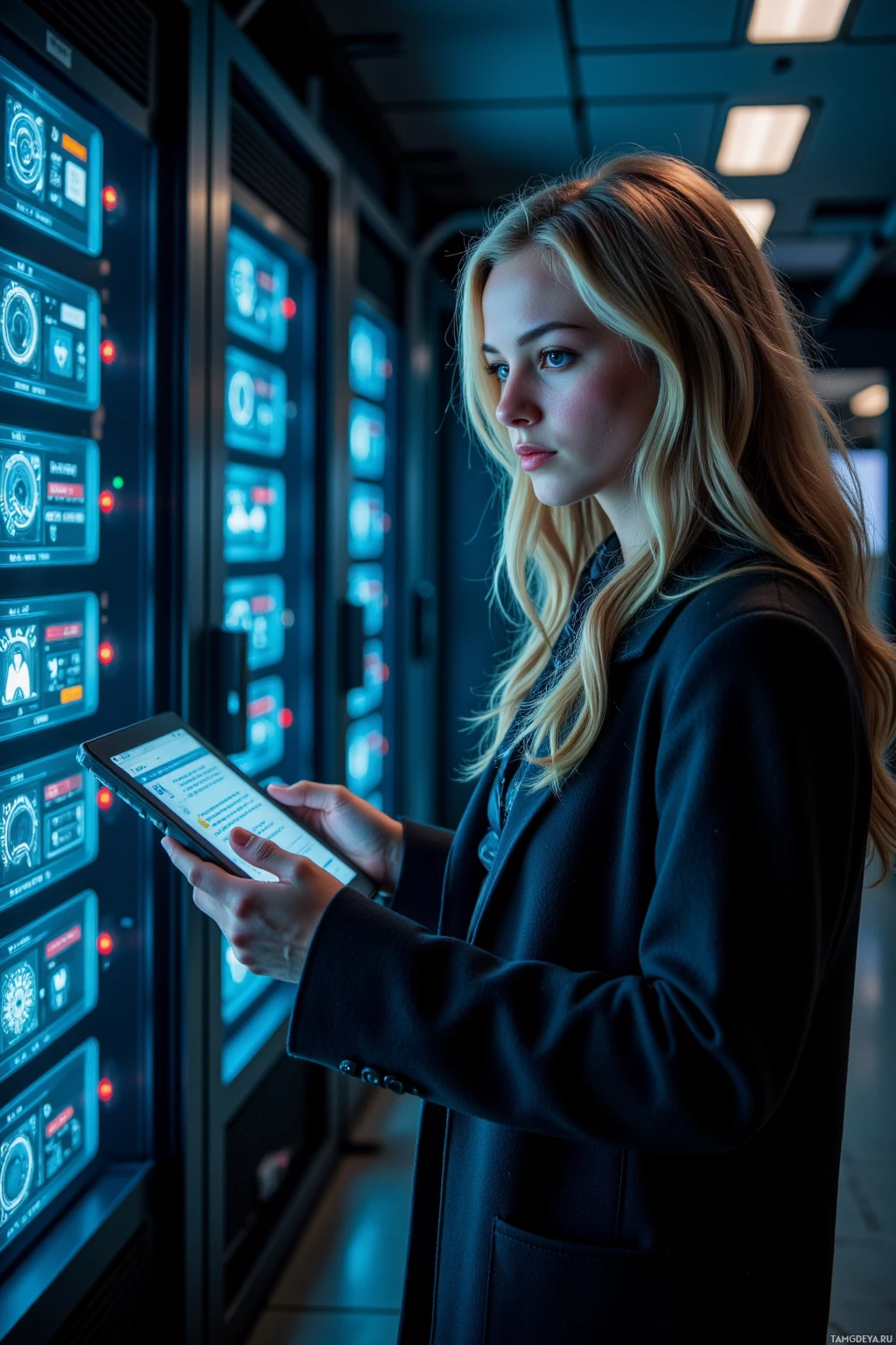 A person in a dark coat stands in front of a row of illuminated control panels while holding a tablet.