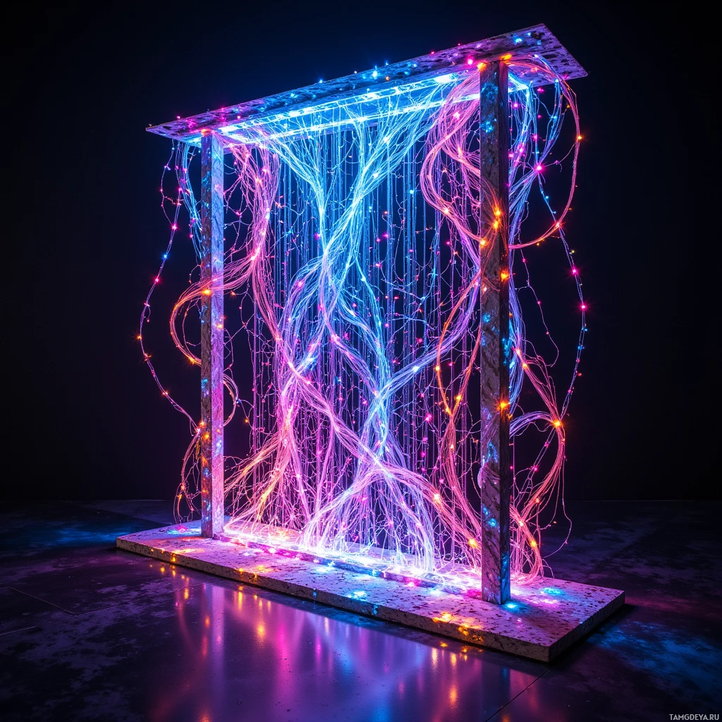 A glowing, abstract structure with intertwining lights in blue, pink, and orange hues.