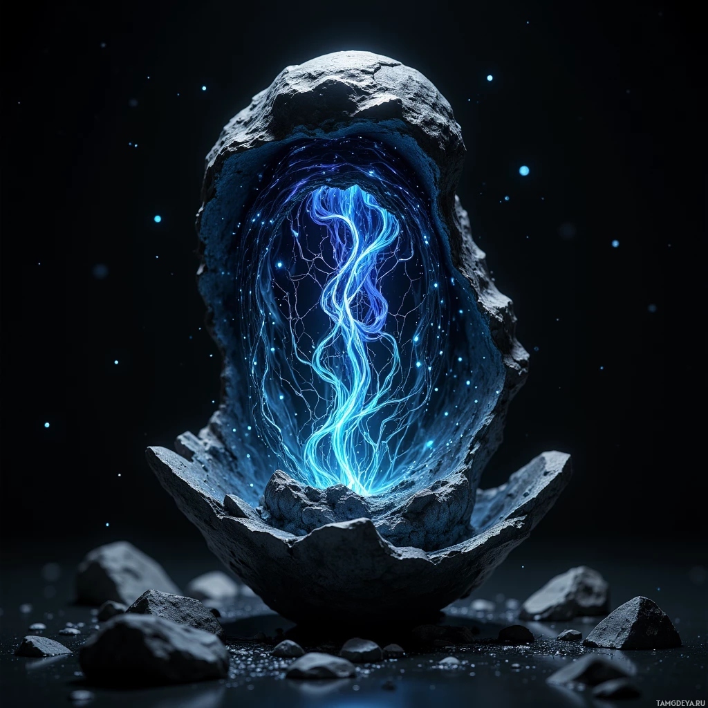 A glowing blue energy stream flows through a rocky opening against a starry background.