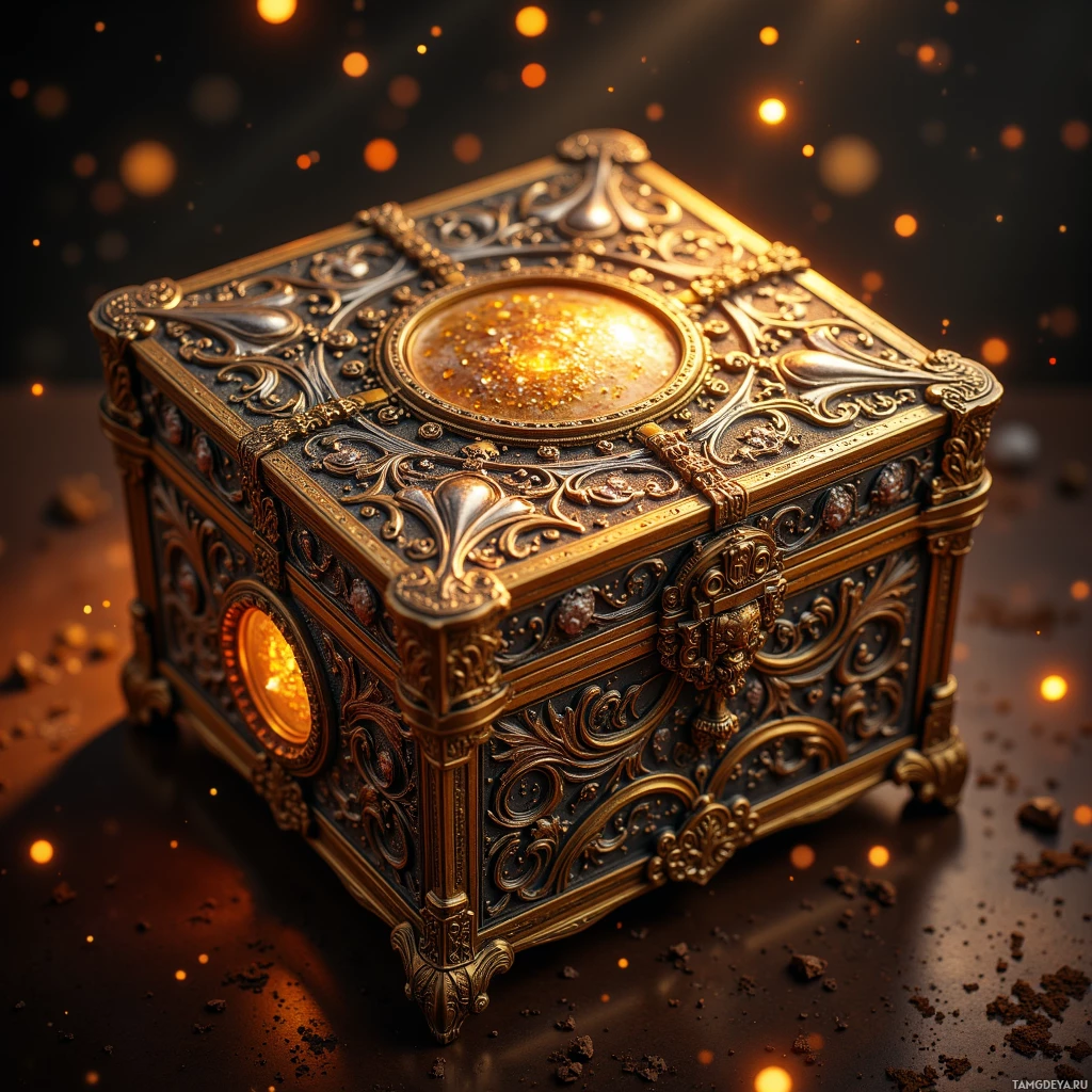 Semi-abstract image with many light, that is suitable for the post:  A brass handcrafted puzzle box with intricate silver filigree that shifts color under light, ornate hinges, hidden compartment revealing a tiny self‑powered recorder, all rendered in warm metallic tones.