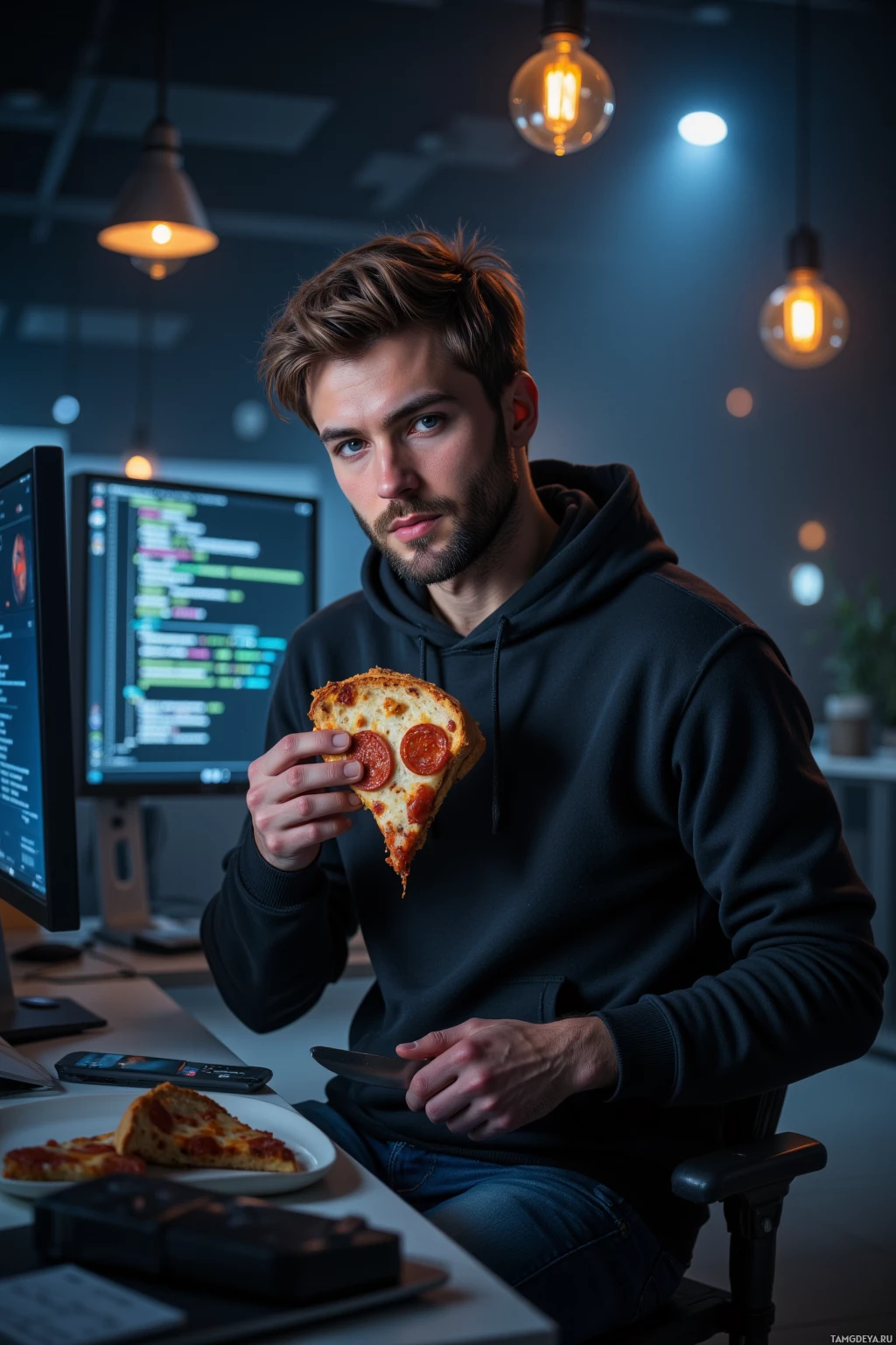 A person in a hoodie holds a slice of pizza in front of a computer screen displaying code.