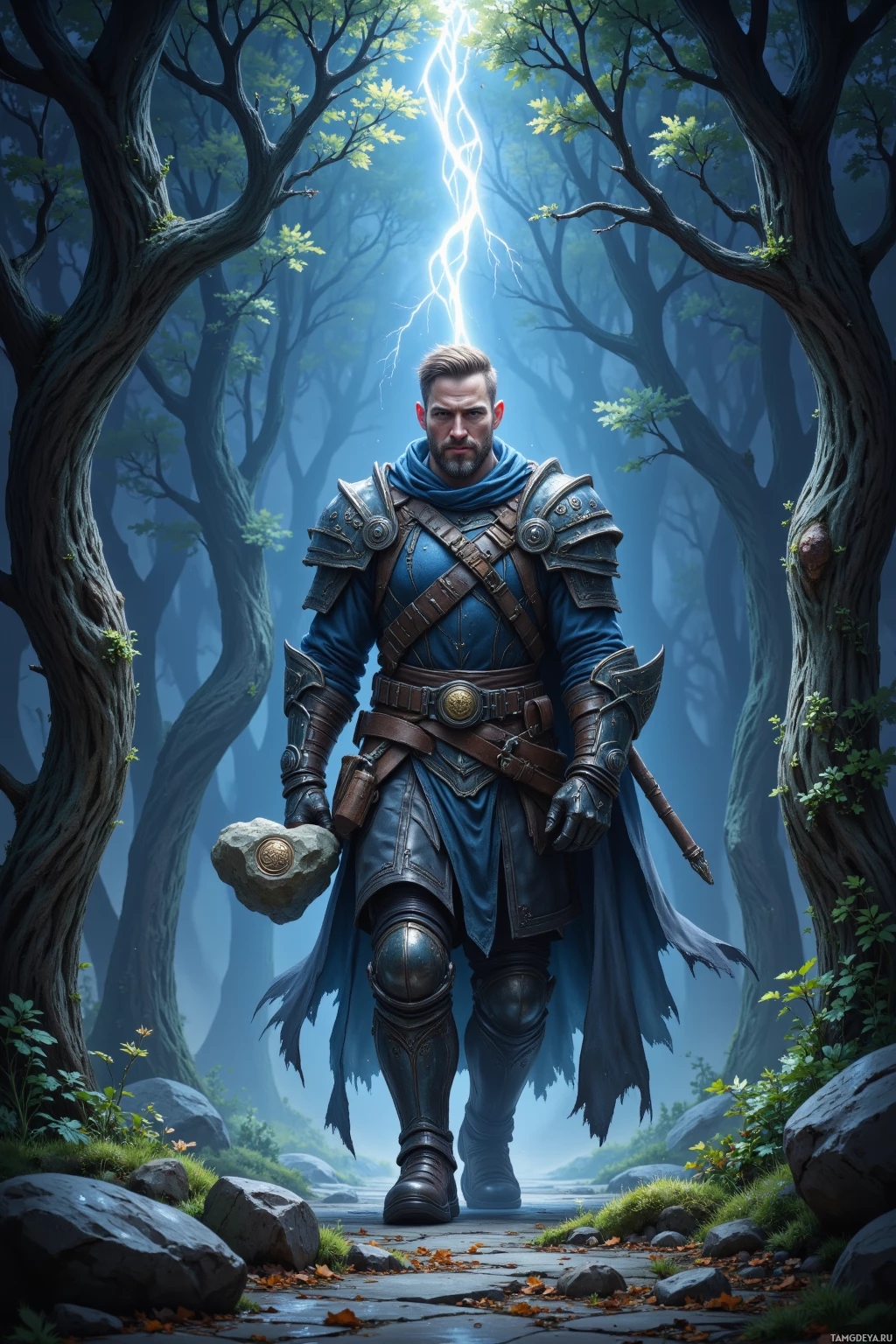 A warrior in blue armor stands in a mystical forest with a glowing lightning bolt overhead.