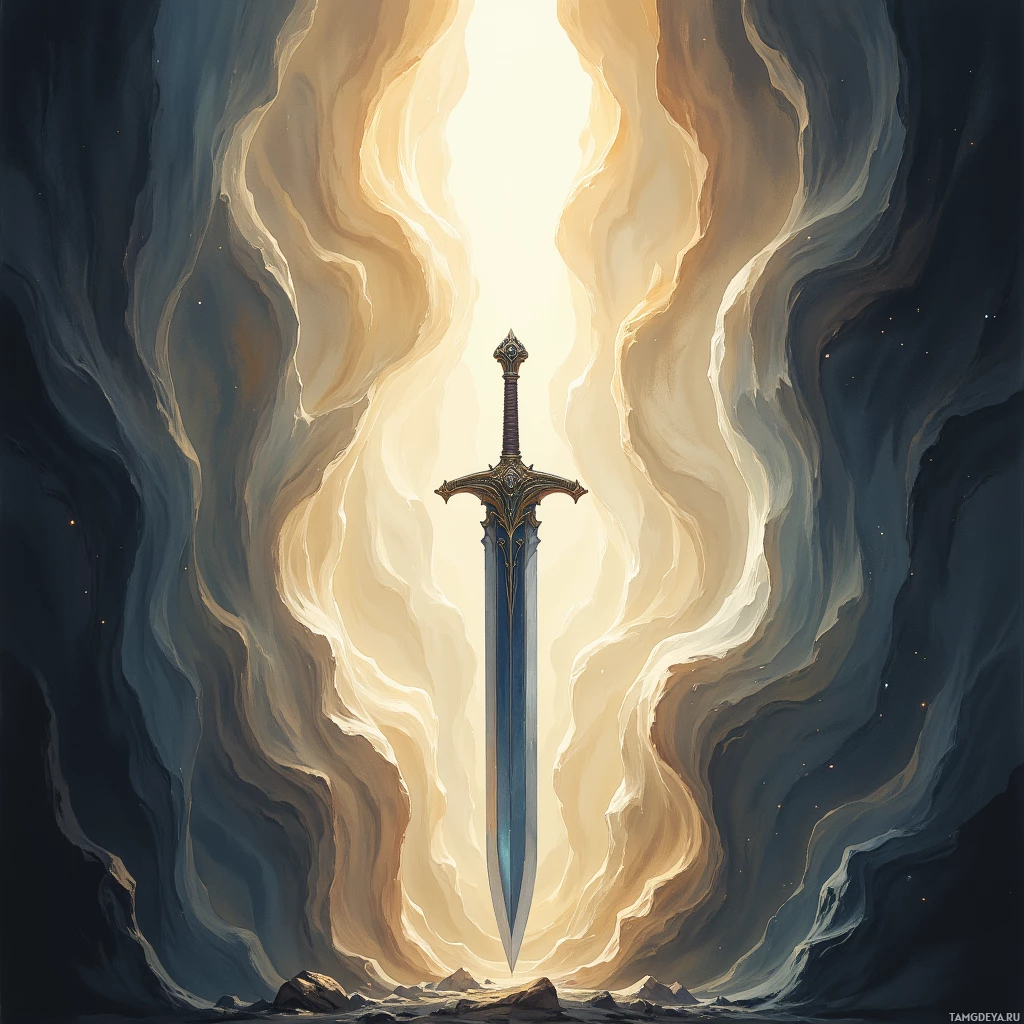 A sword stands in a glowing, ethereal cave.