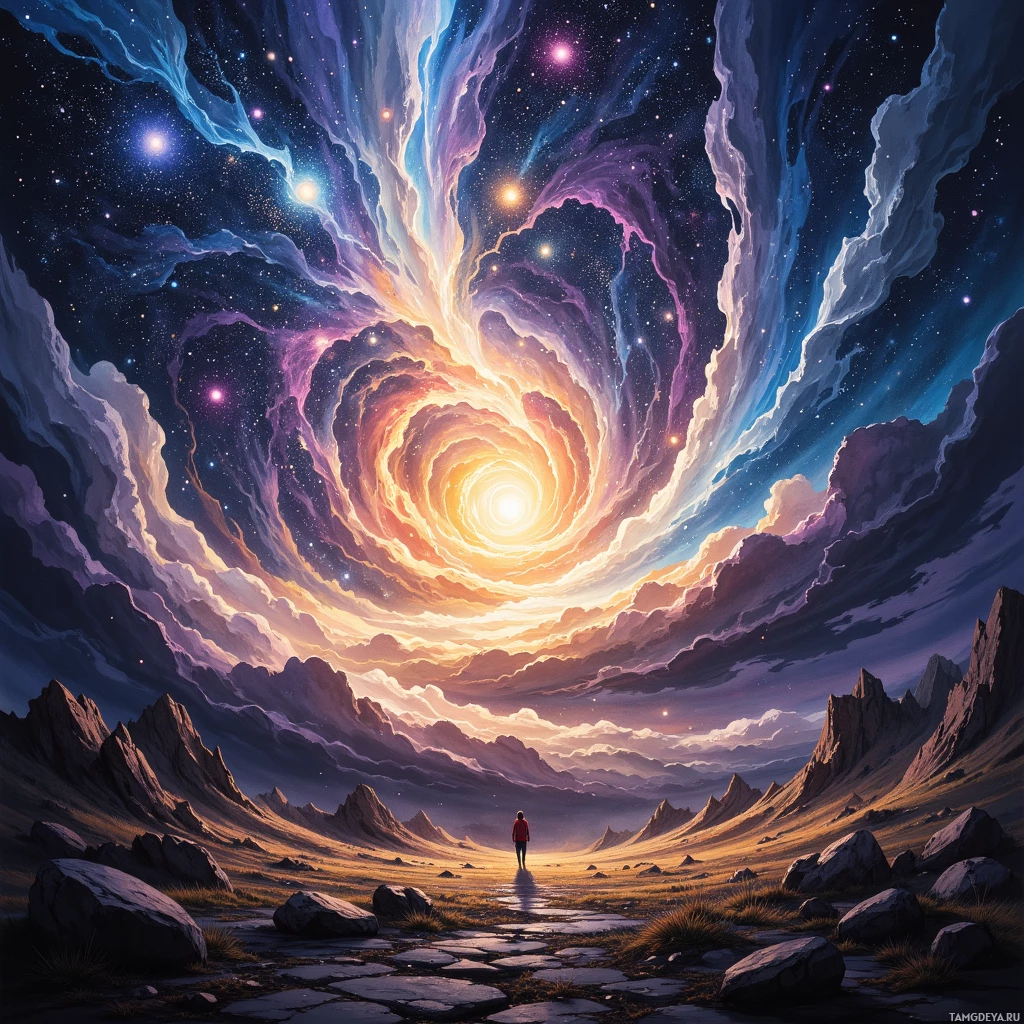 A lone figure stands at the edge of a vast, surreal landscape under a swirling, cosmic sky.