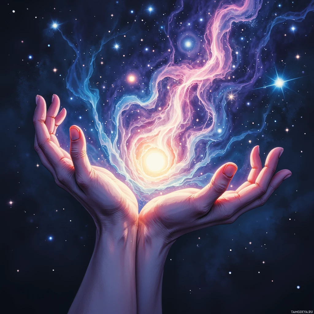 Two hands cupped together with a glowing cosmic energy swirling between them against a starry background.