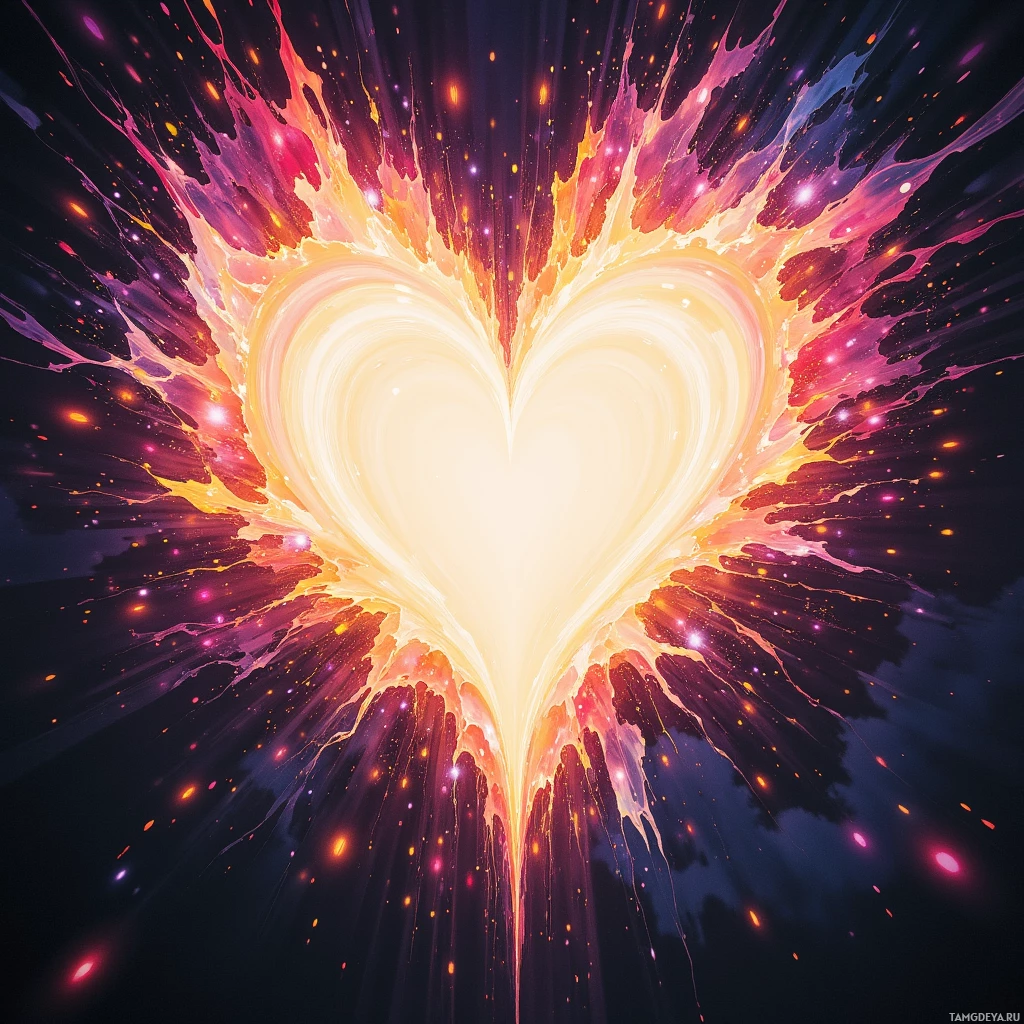 A vibrant heart shape radiates with colorful splashes and glowing particles against a dark background.