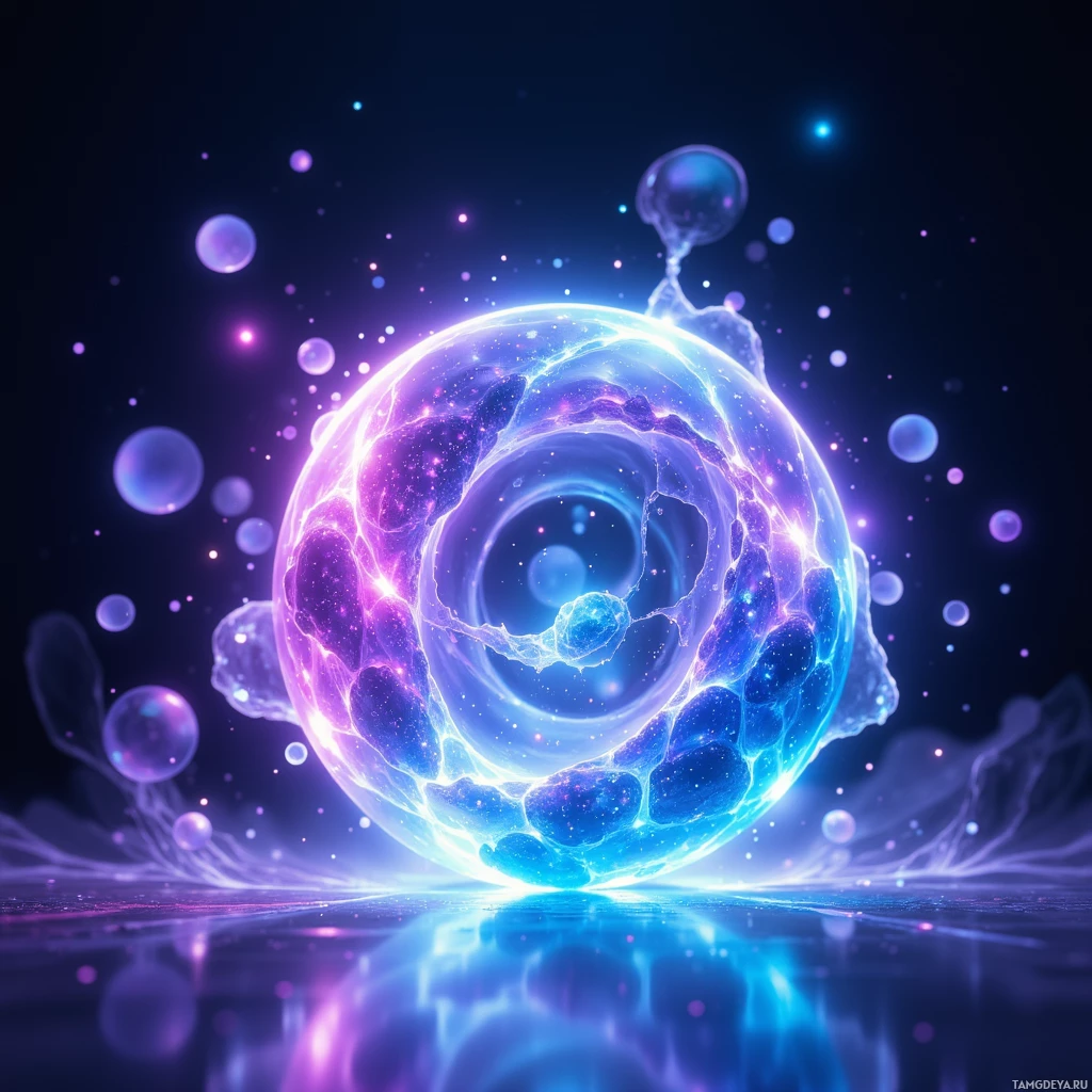 A glowing, ethereal orb with a vibrant blue and purple aura, surrounded by floating bubbles and particles.