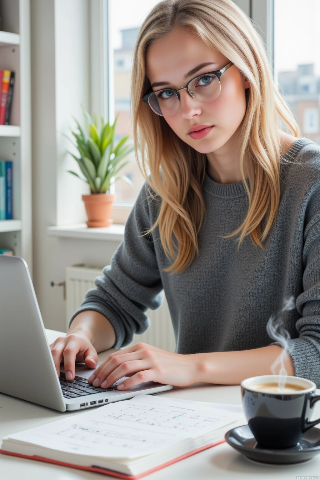 A person wearing glasses works on a laptop at a desk with a steaming cup of coffee and an open notebook nearby.