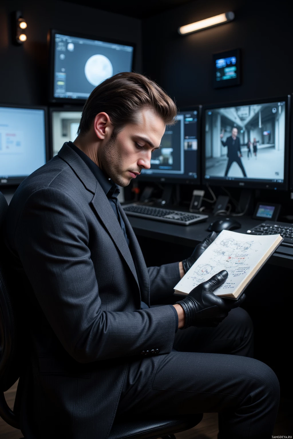 A man in a suit and gloves is seated at a desk, reading a book.