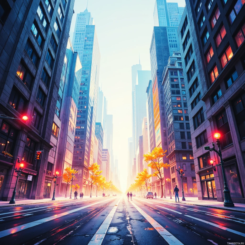 A city street lined with tall buildings and illuminated by warm sunlight.