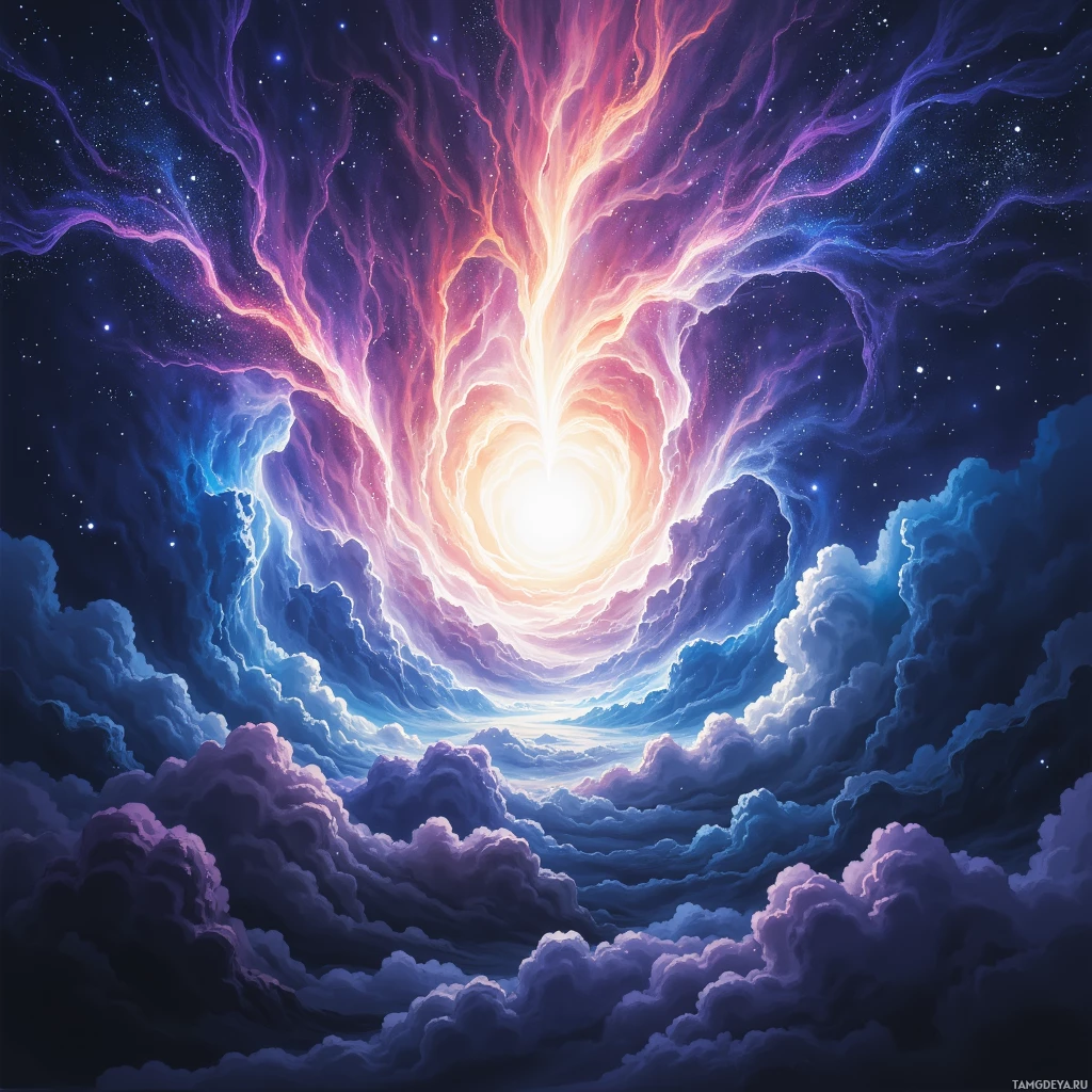 A vibrant cosmic scene with swirling clouds and a bright light at the center against a starry background.