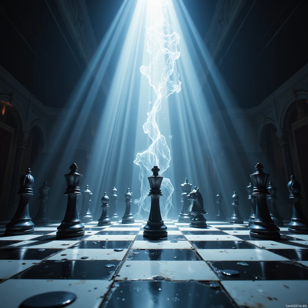 A chessboard with pieces arranged in a dramatic, sunlit room.