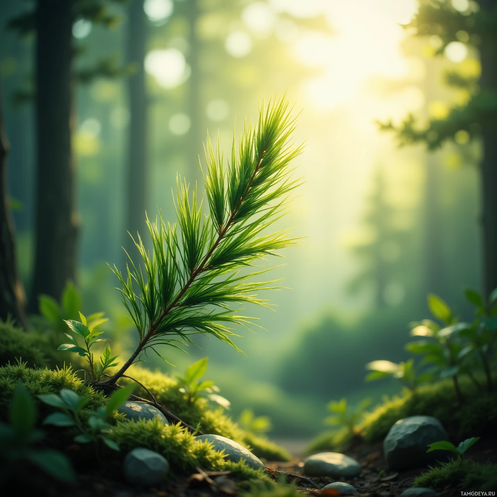 A serene forest scene with sunlight filtering through trees, highlighting a small pine branch and moss-covered rocks.