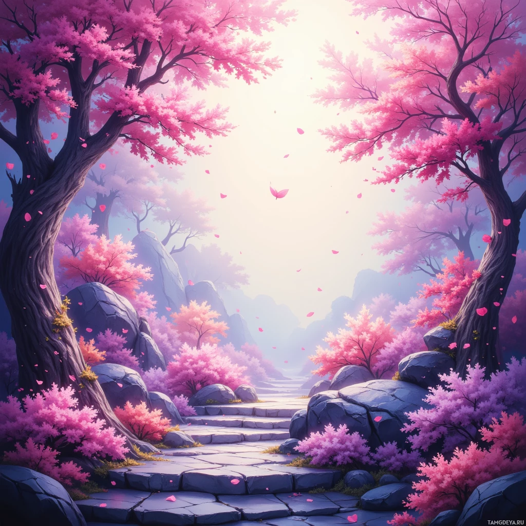 A serene pathway lined with blooming pink cherry blossoms leads through a tranquil forest setting.