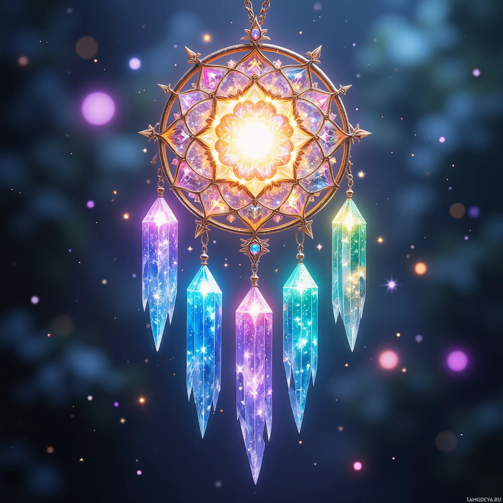 Semi-abstract image with many light, that is suitable for the post:  Crystalline dreamcatcher necklace woven from iridescent glass threads in pastel hues, each filament tipped with a shimmering star, a delicate translucent halo emitting floating luminous orbs, pulsing glow in sync with a heartbeat that radiates a living rainbow.
