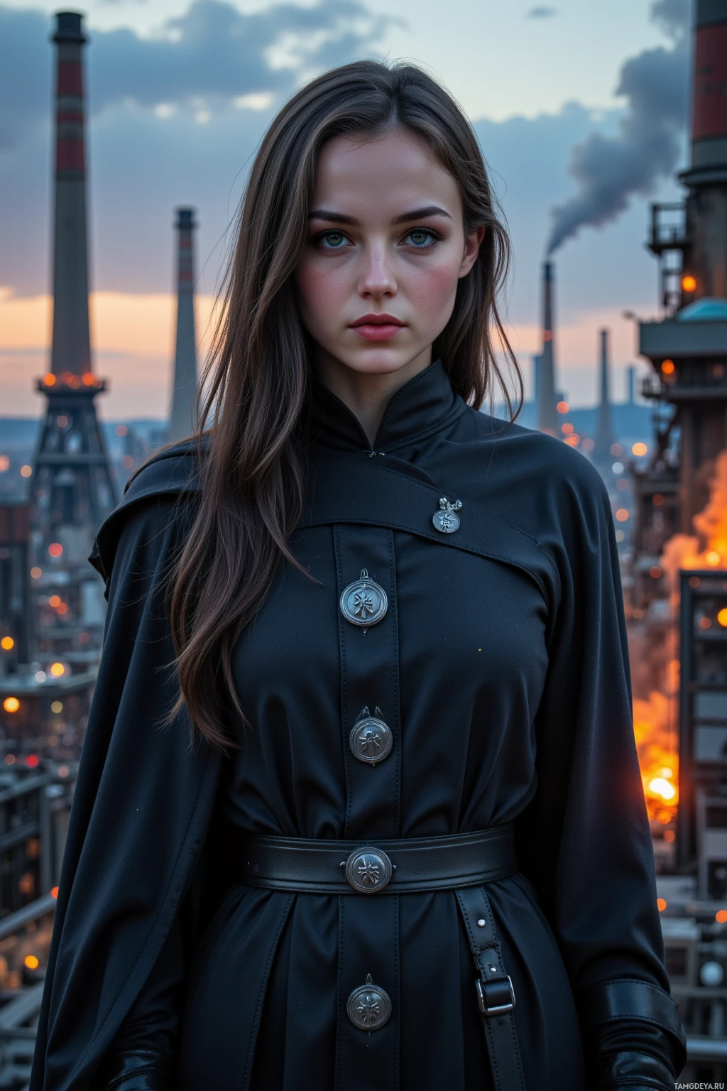 A person in a dark, detailed outfit stands in front of an industrial backdrop with smokestacks.