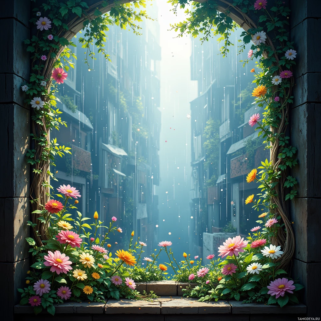 A vibrant garden with blooming flowers spills over a stone window frame, leading to a sunlit alleyway.