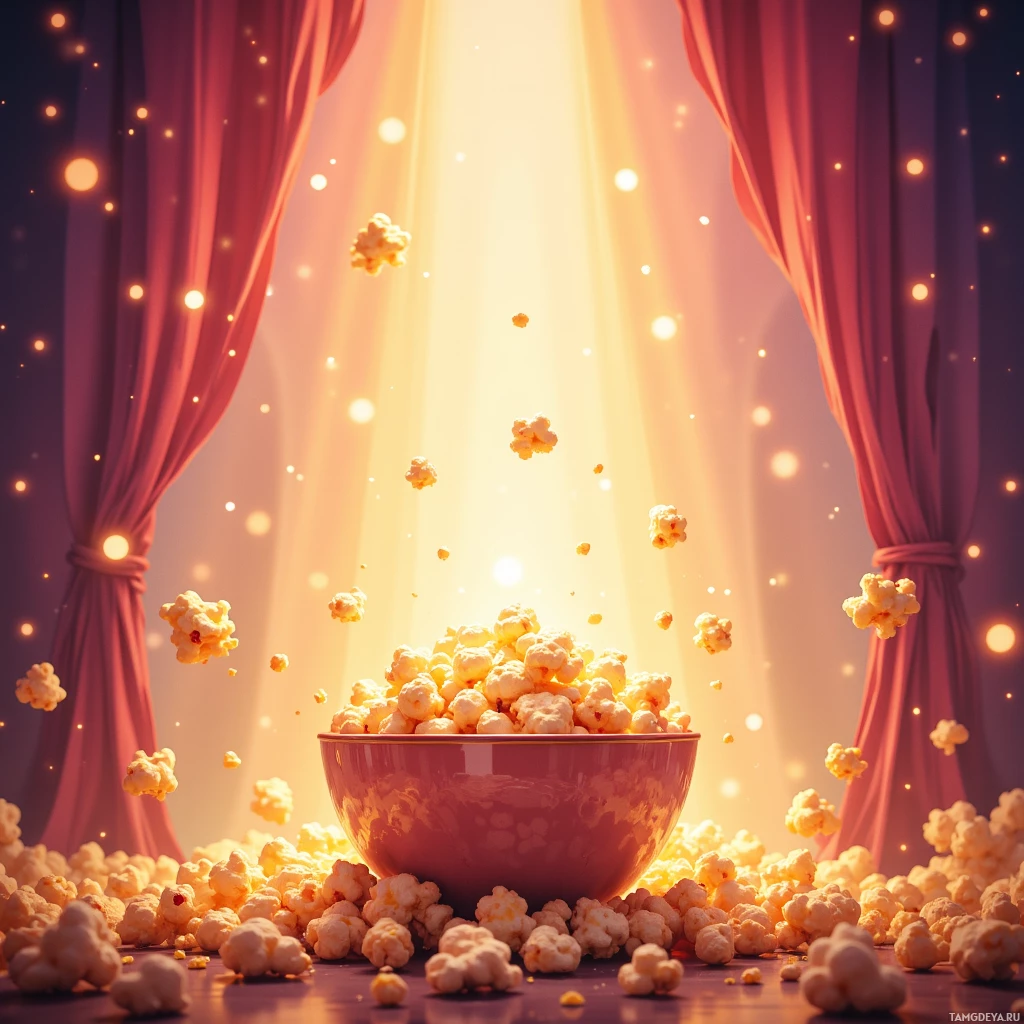 A bowl of popcorn is surrounded by falling popcorn pieces, with a bright light shining through red curtains in the background.