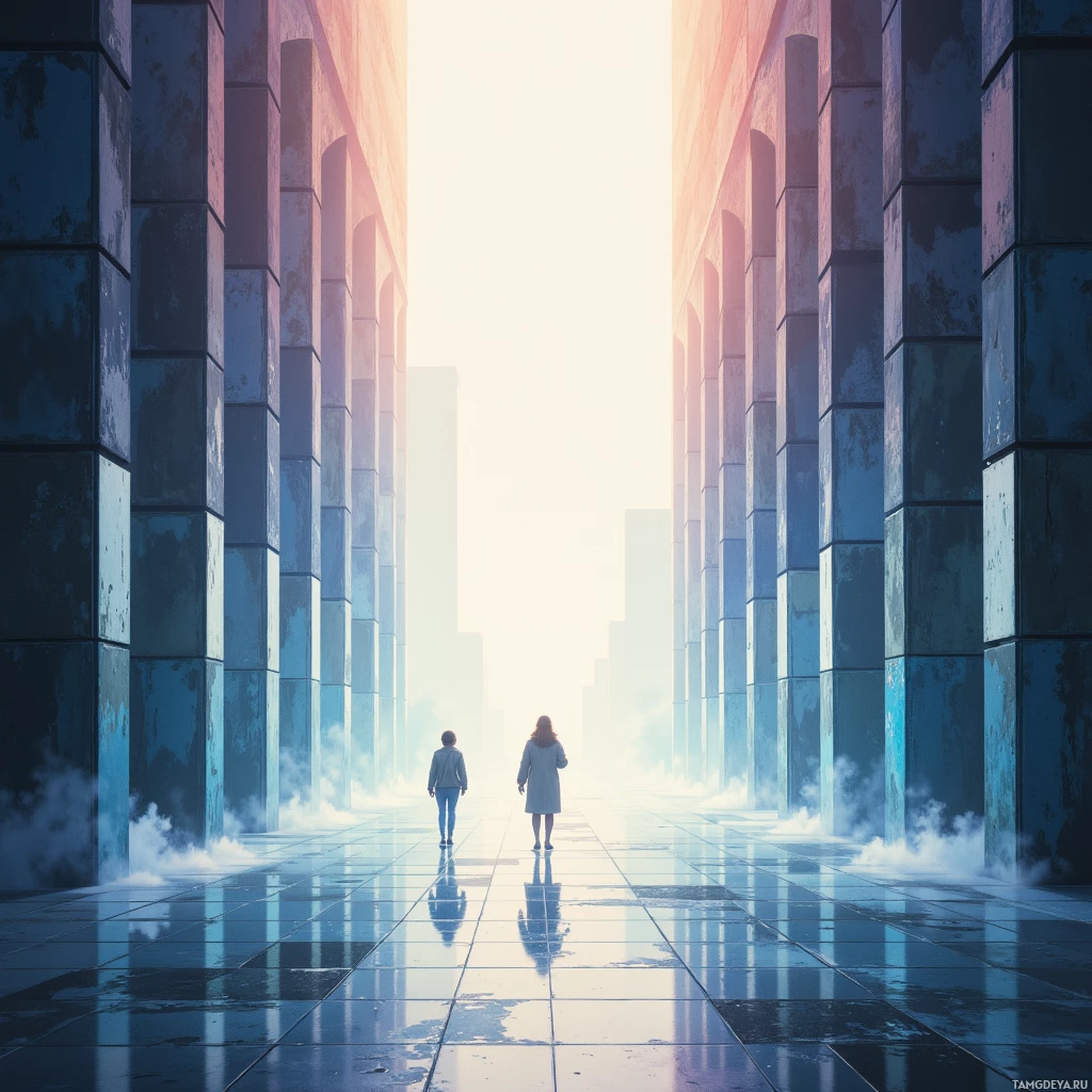 Two figures walk down a reflective corridor flanked by tall, blue structures with a bright light at the end.
