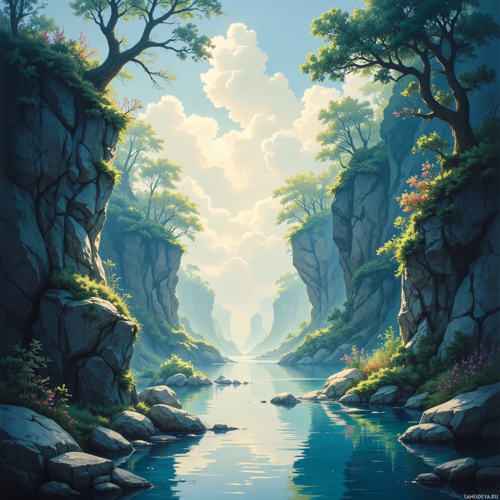 A serene landscape featuring a calm river flanked by rocky cliffs and lush greenery under a bright sky.