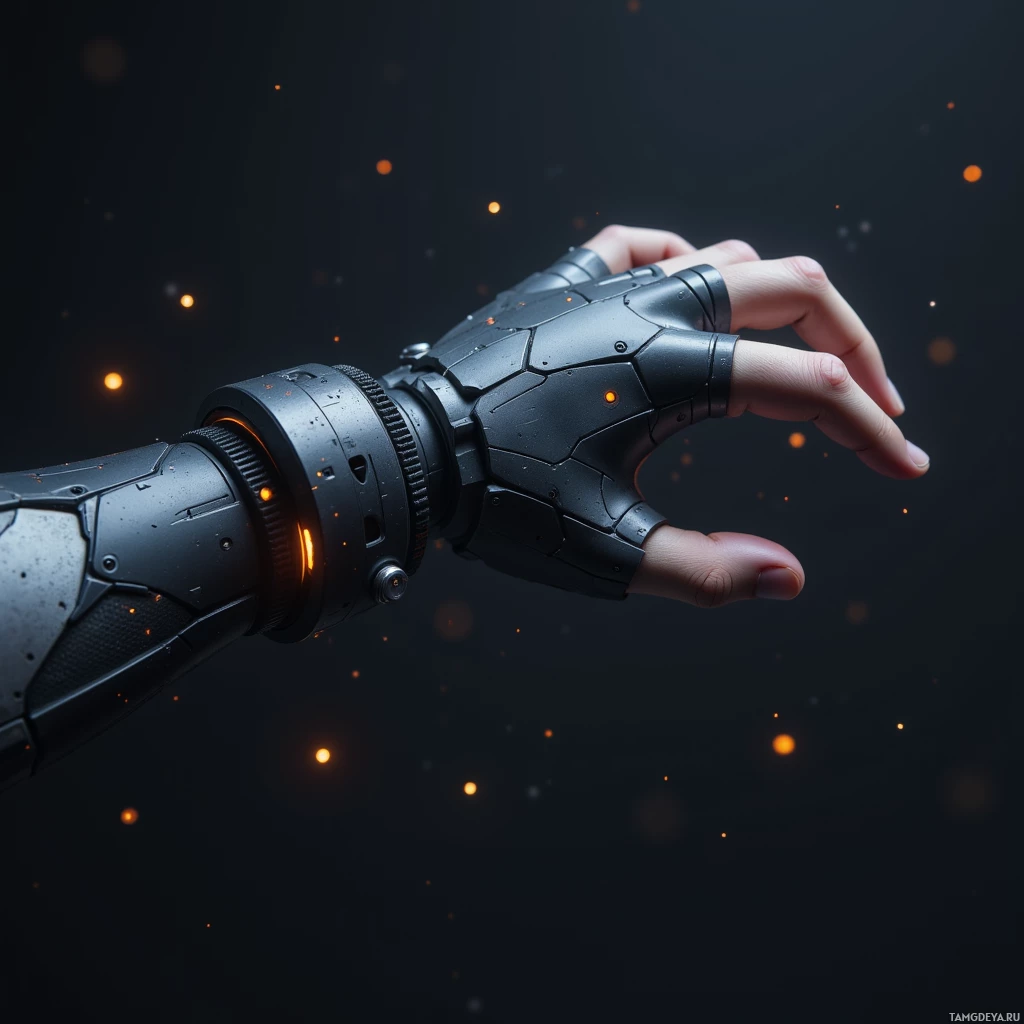 A close-up of a robotic hand interacting with a human hand against a dark background with glowing particles.
