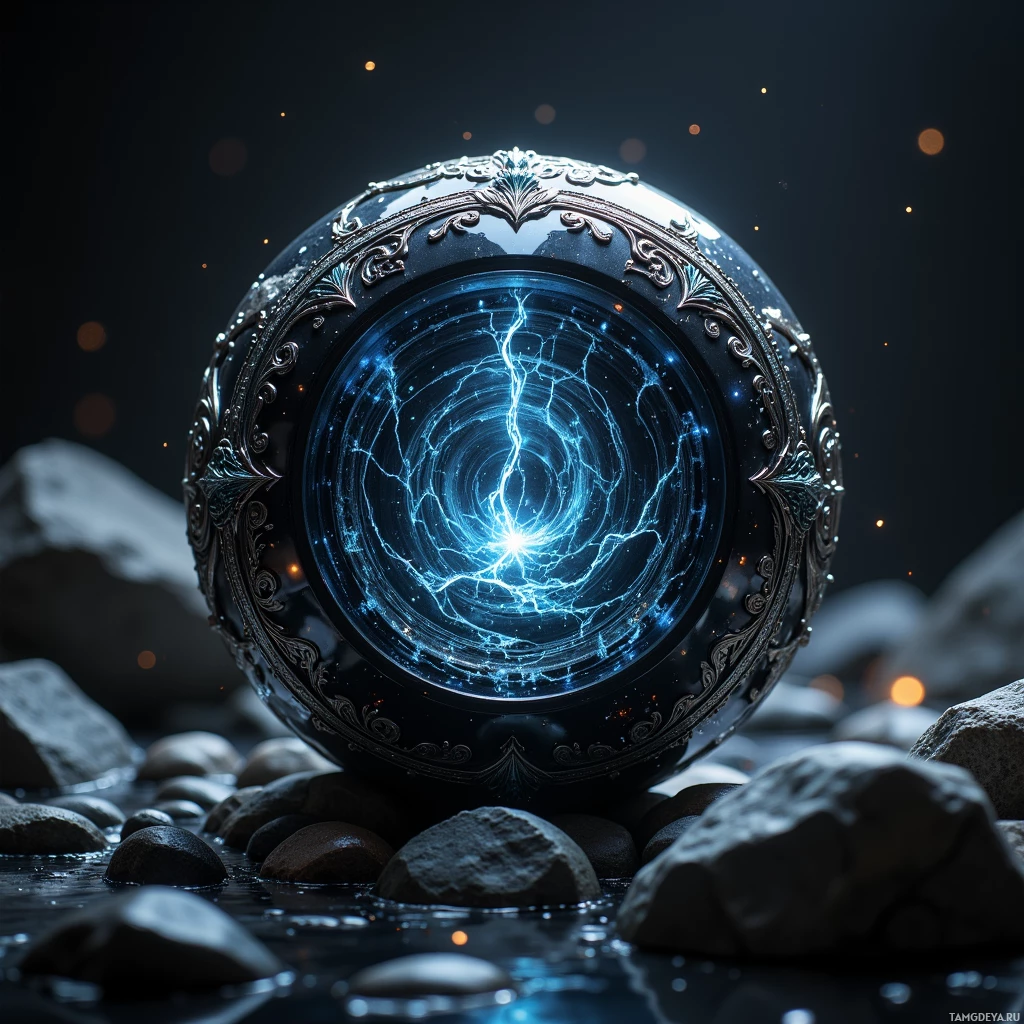 A glowing, ornate crystal ball with a blue lightning-like pattern inside, surrounded by rocks.