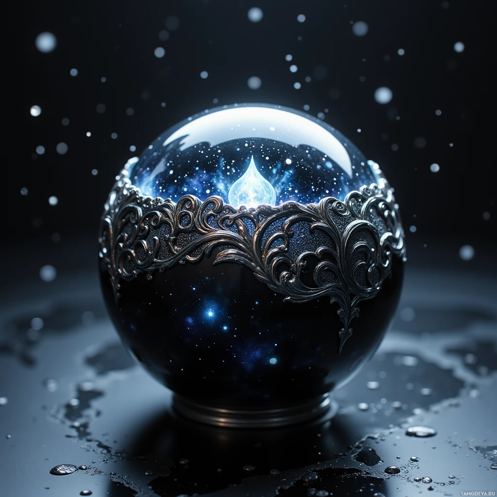 A glowing crystal ball with intricate metalwork sits on a reflective surface, surrounded by small, glowing particles.