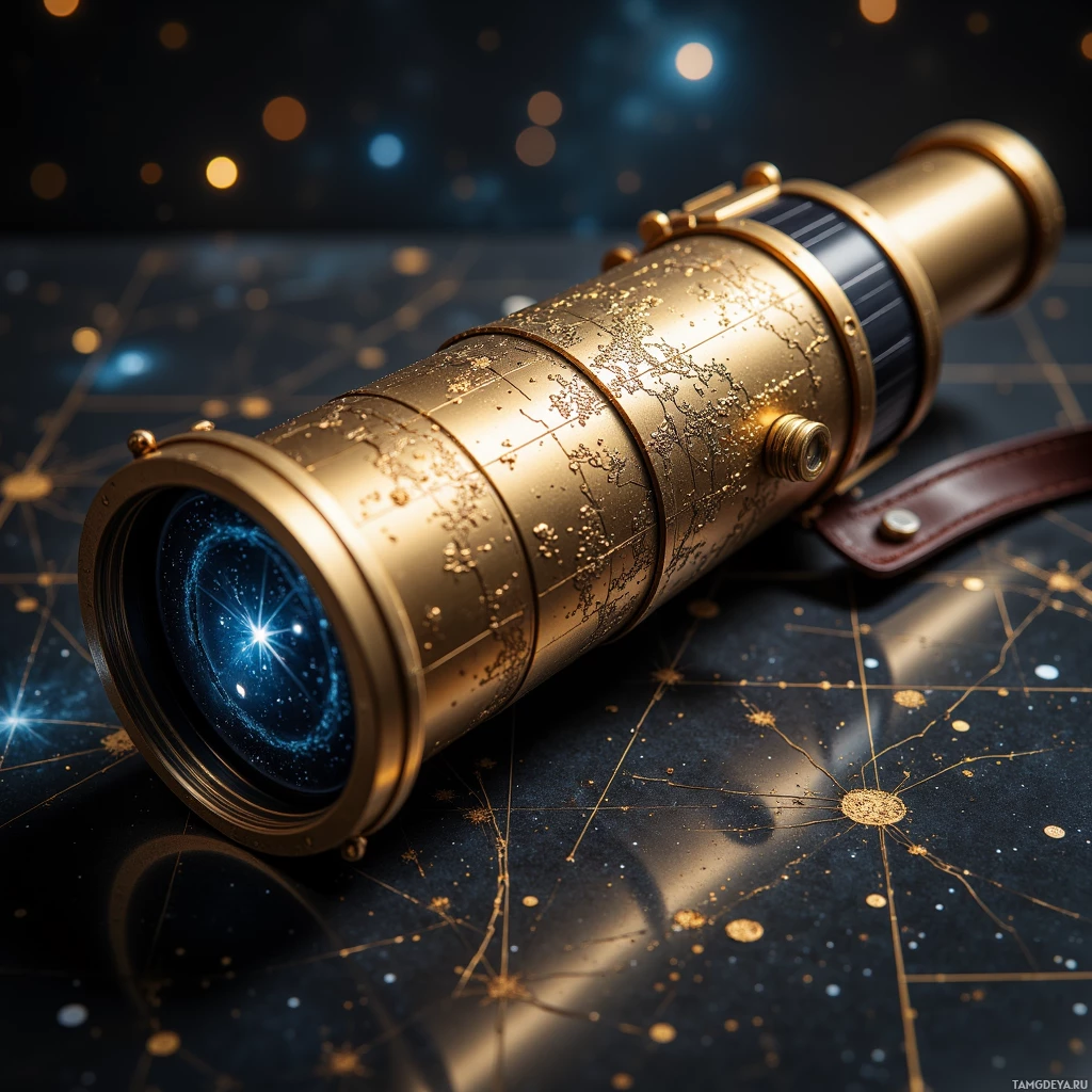 A golden telescope rests on a starry map, reflecting celestial light.