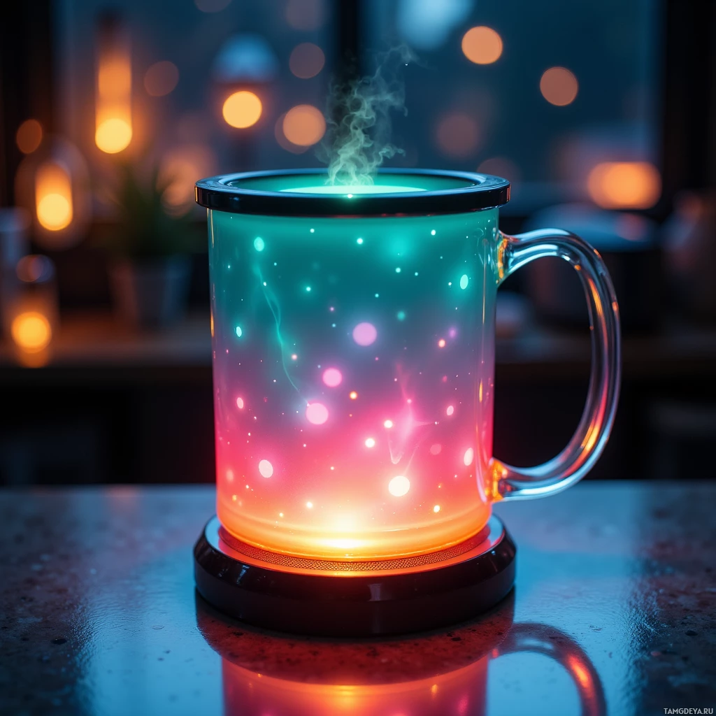 A glowing, colorful mug with steam rising from it, set against a bokeh-lit background.