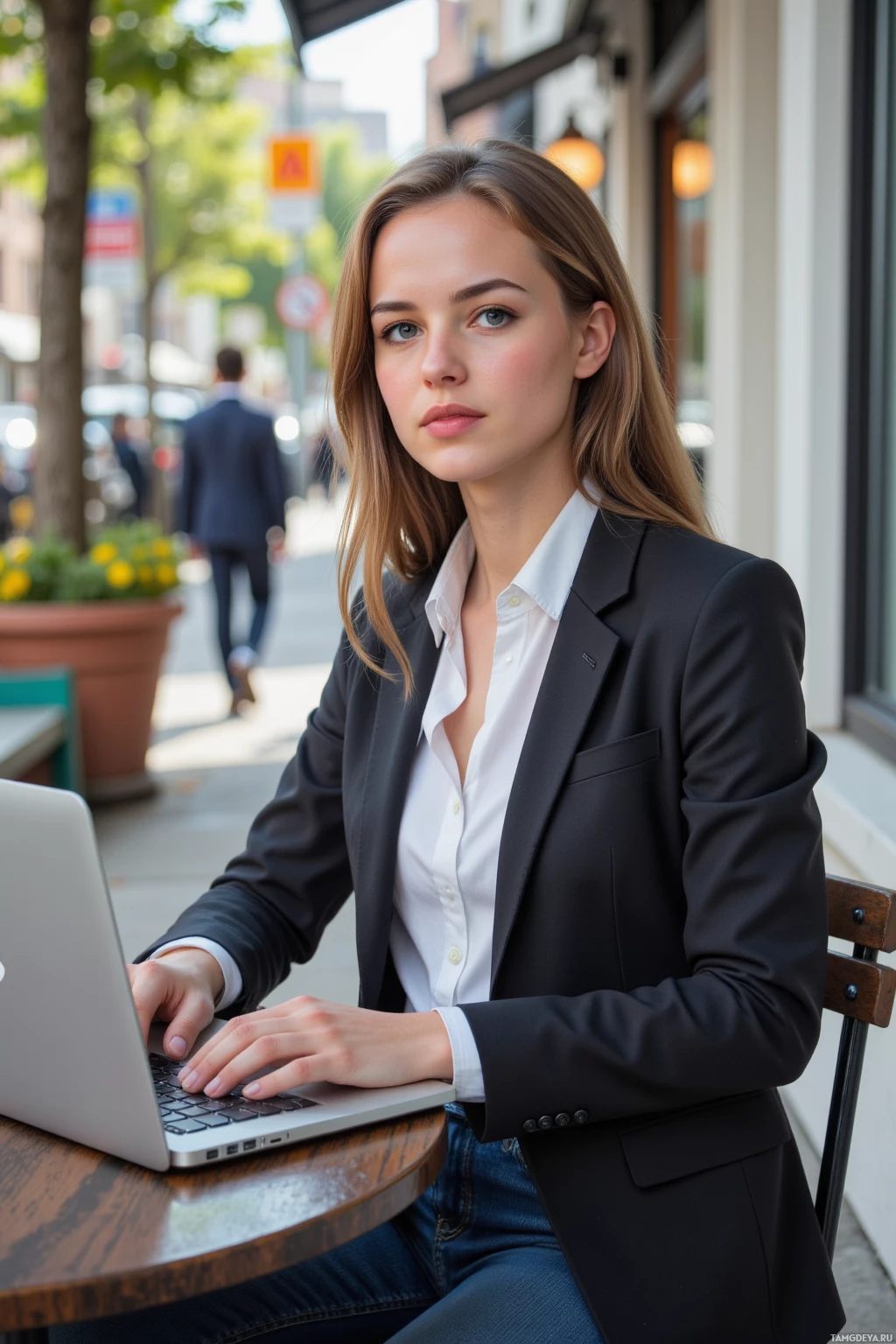 A woman in a business suit works on a laptop at an outdoor café.