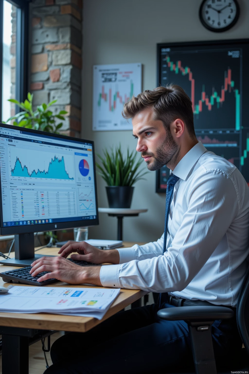 A man in a white shirt and tie works at a desk with a computer displaying financial charts.