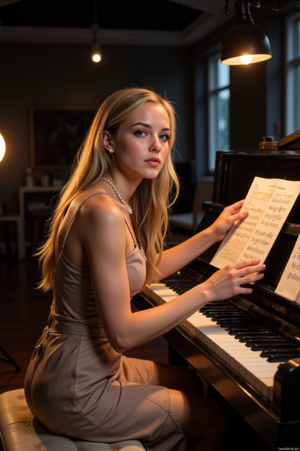 A woman sits at a piano, holding sheet music and wearing a pearl necklace.