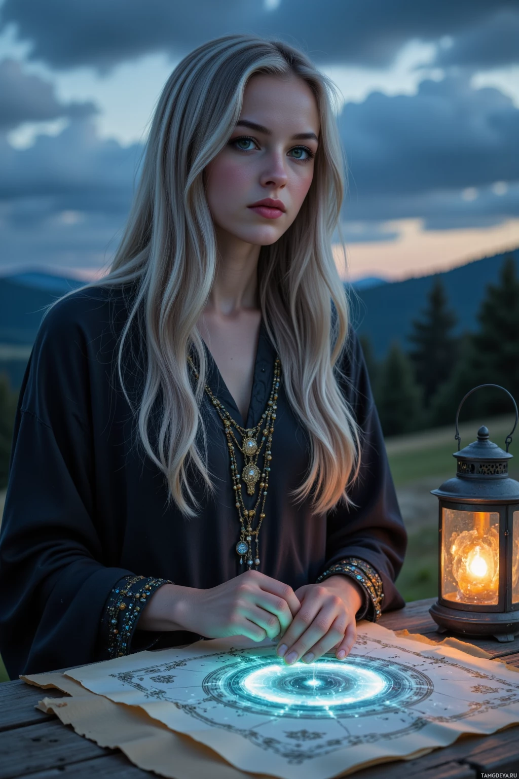 A woman with long blonde hair sits at a table with a glowing circular device, surrounded by a serene outdoor setting.