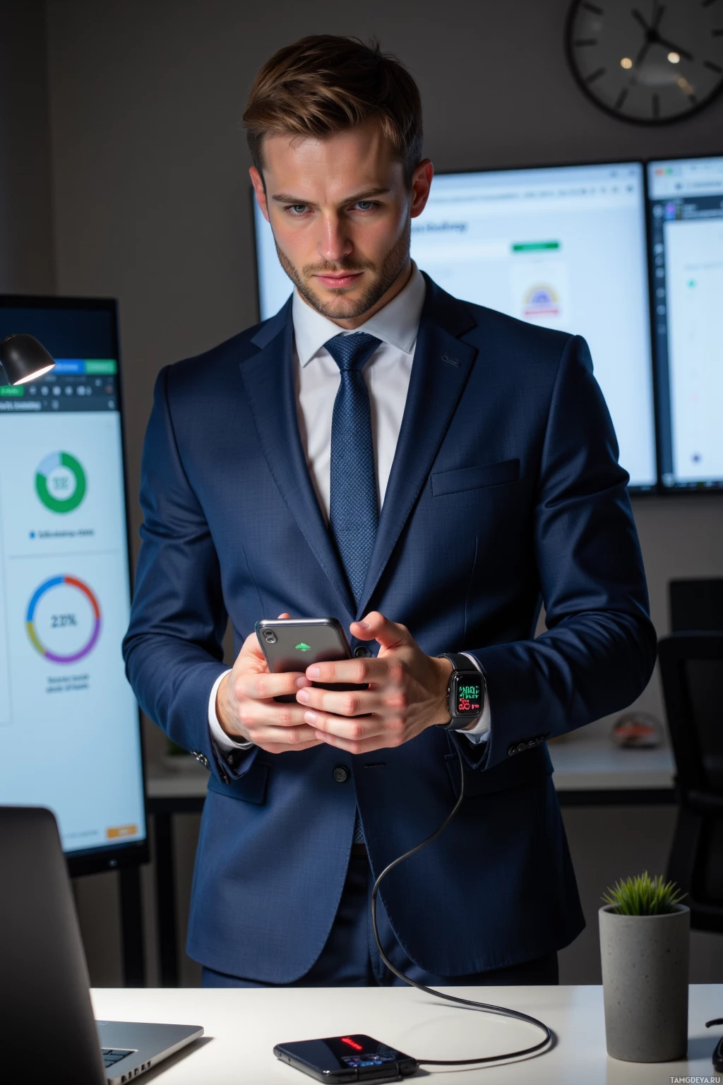 A man in a suit is using a smartphone in an office setting.