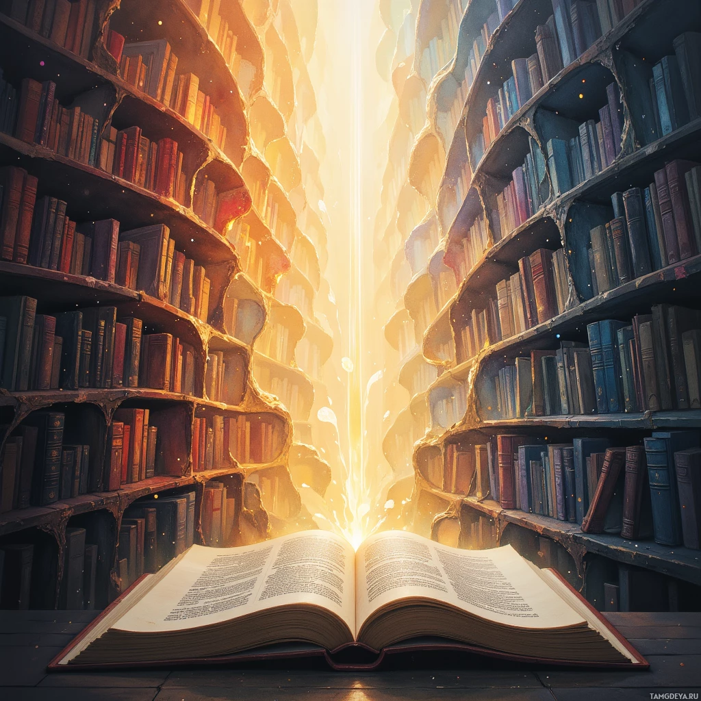 An open book with glowing light emanating from its pages, surrounded by bookshelves.