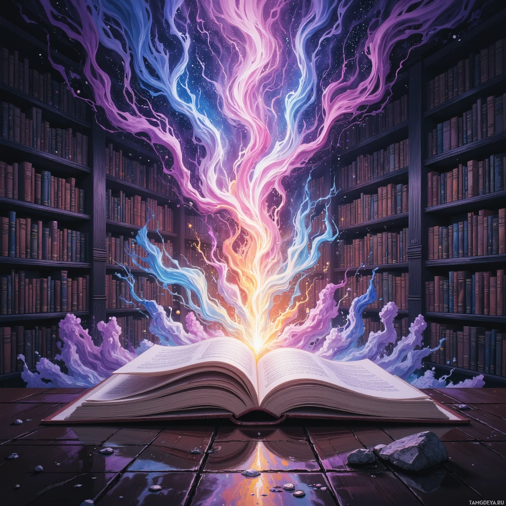 An open book in a library with colorful, glowing energy emanating from it.