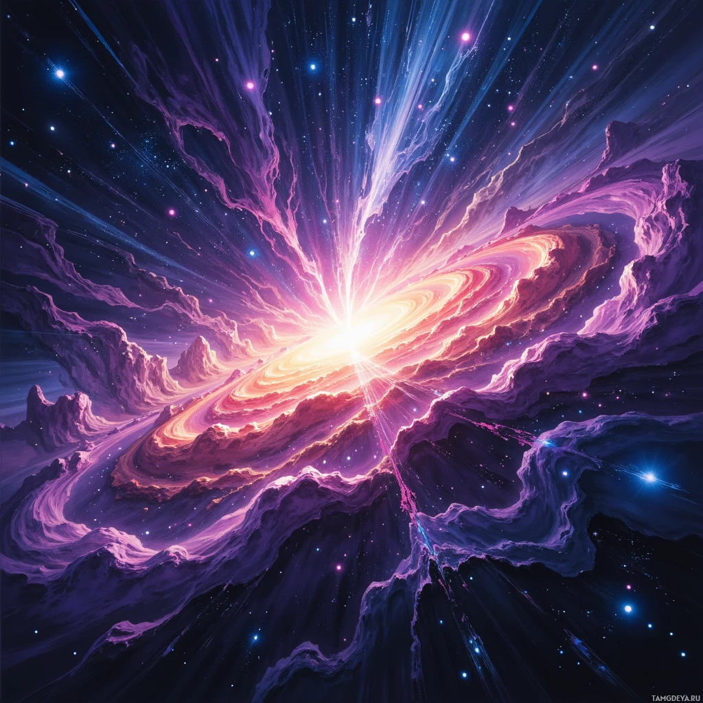 A vibrant cosmic scene featuring swirling nebulae and bright starlight radiating outward against a dark space background.