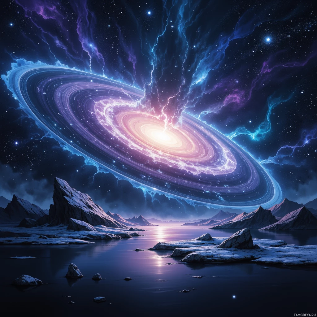 A surreal landscape featuring a glowing galaxy above a serene body of water with rocky outcrops.