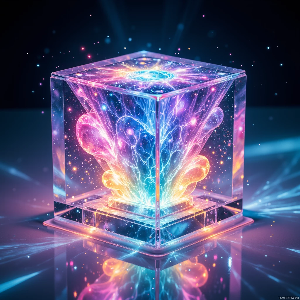 A glowing, transparent cube emits vibrant, cosmic energy with swirling patterns and bright colors.