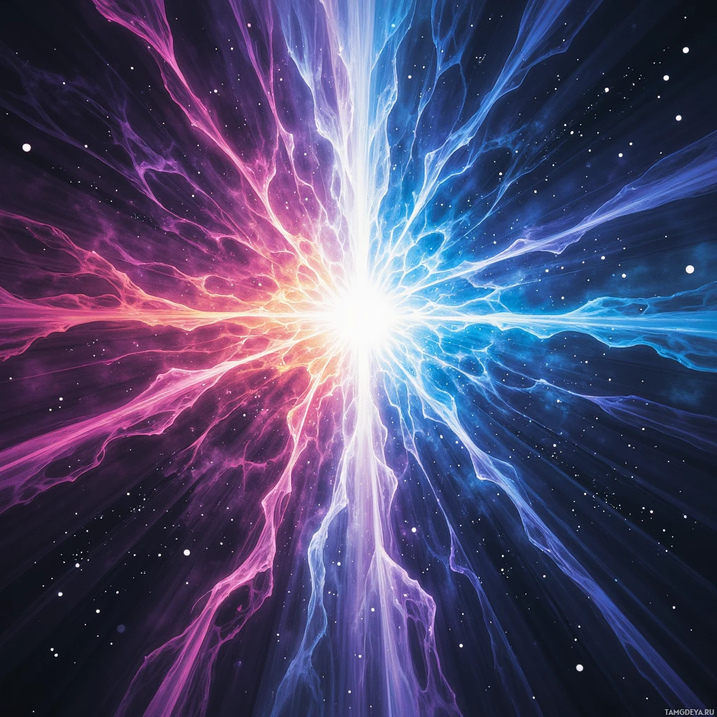 A vibrant cosmic explosion with pink and blue hues radiating outward against a starry background.