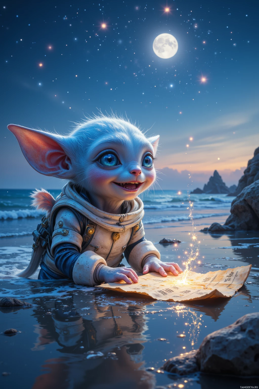 A whimsical creature with large ears and blue eyes stands on a beach under a starry night sky, holding a glowing map.