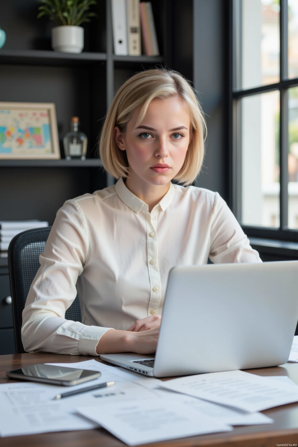 A woman sits at a desk in an office, working on a laptop with documents and a phone nearby.