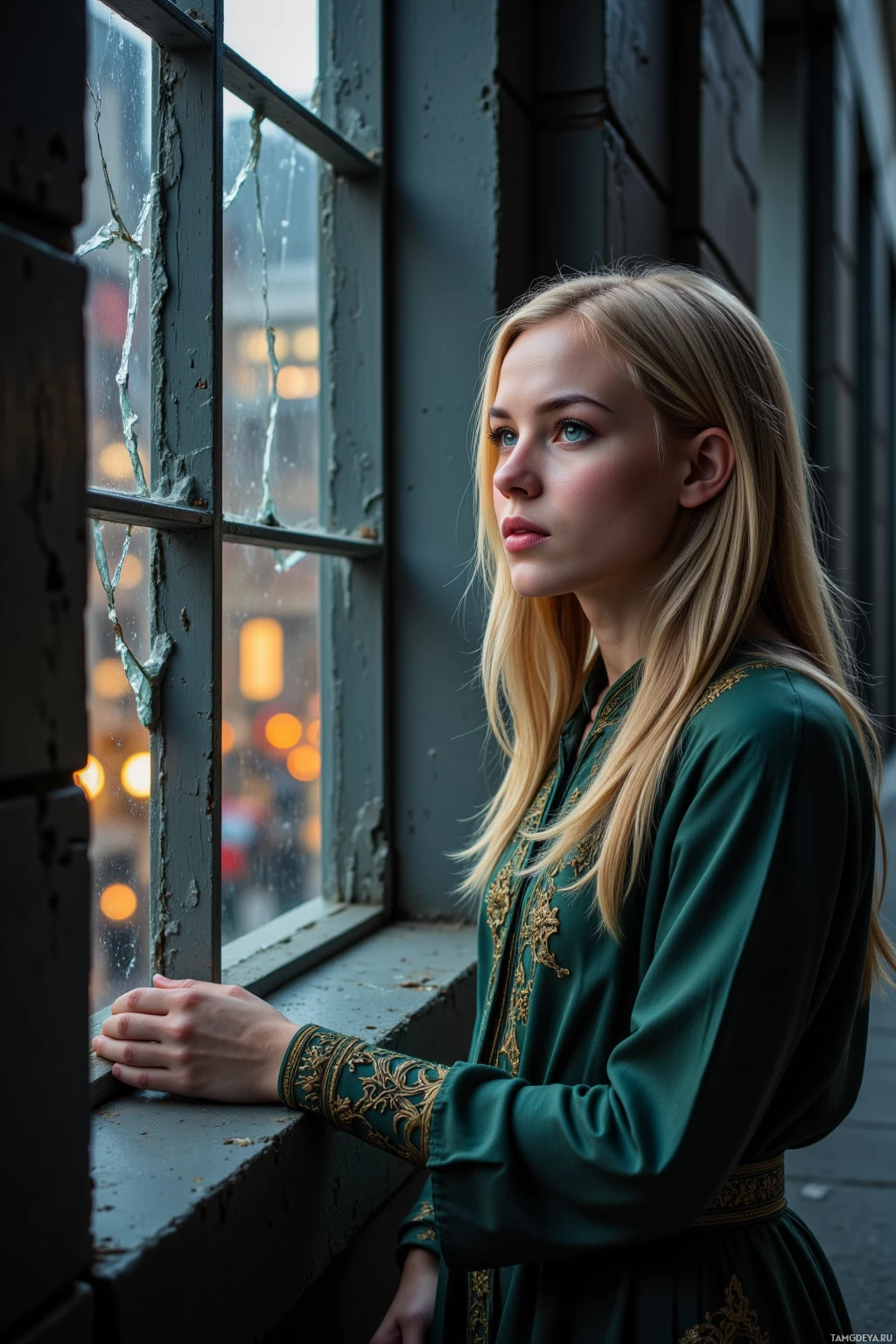 A person in a green dress stands by an old window with peeling paint, gazing outside at city lights.