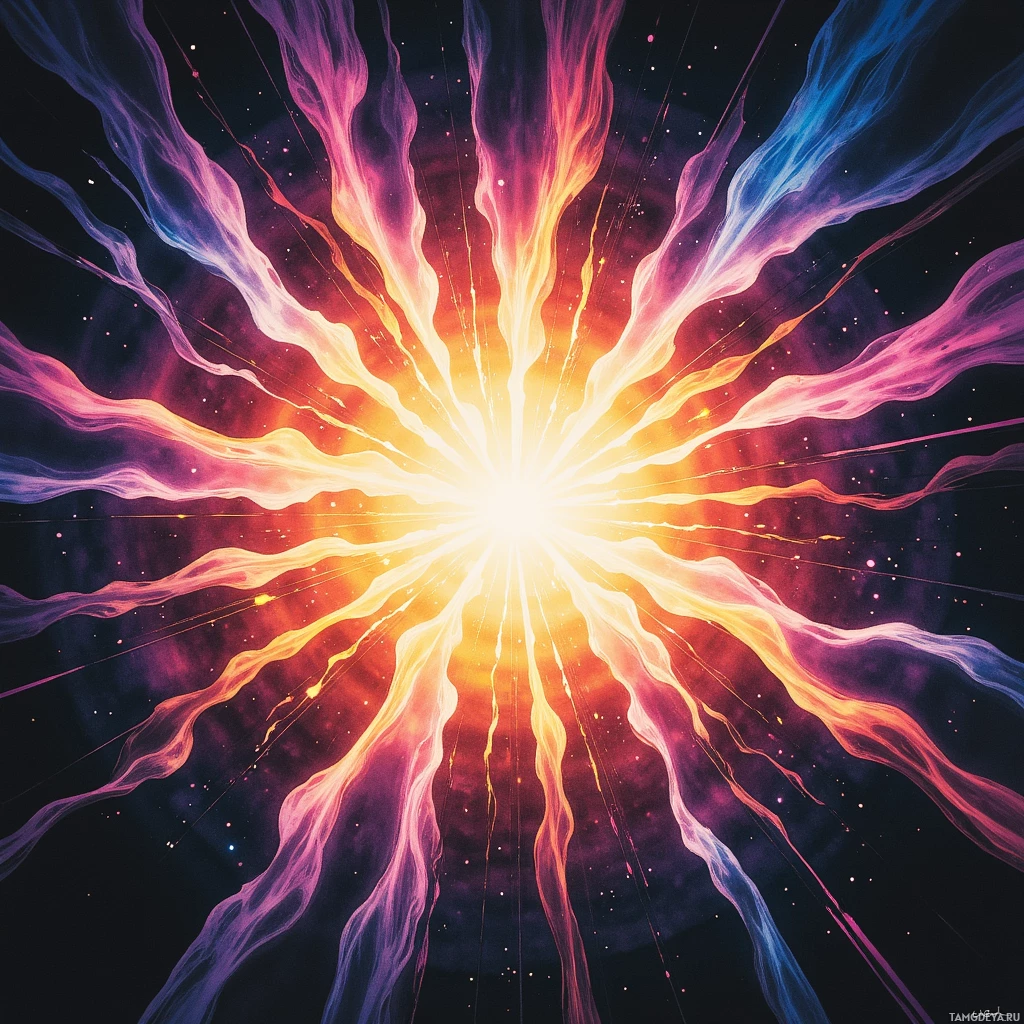 A vibrant cosmic explosion with radiant colors and dynamic lines radiating outward.