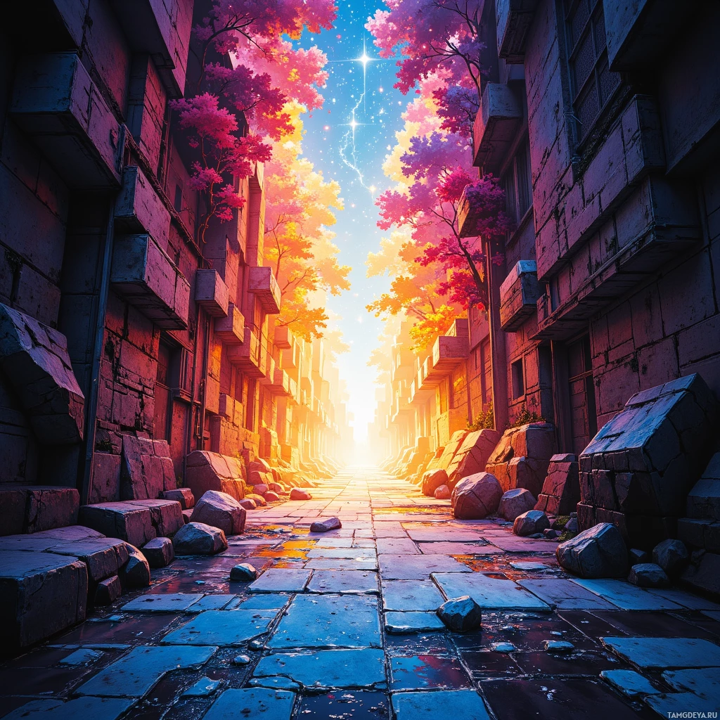 A vibrant alleyway lined with colorful blossoms and glowing stars in the sky.